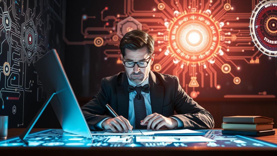 Advogado consultando dados em uma tela holográfica, destacando estratégias de marketing jurídico inovadoras.