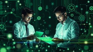 Agentes jurídicos interagindo com dados holográficos, tecnologia moderna, Agentes: Estratégias Eficazes para Potencializar Seus Resultados.