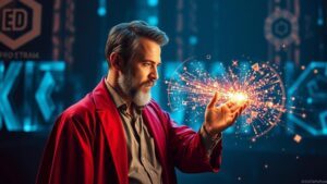 Advogado interagindo com hologramas de dados em ambiente moderno, ilustrando marketing jurídico digital na advocacia.