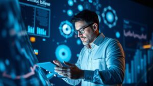 Profissional de marketing digital analisando dados holográficos, enfatizando estratégias de sucesso em marketing jurídico.