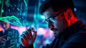 Profissional de marketing digital em ambiente futurista com hologramas, abordando 'Agentes Eficazes: Como Potencializar Seus Resultados'
