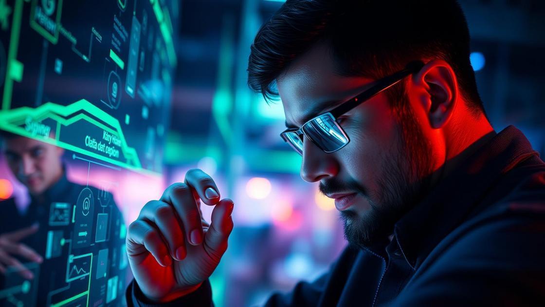 Profissional de marketing digital em ambiente futurista com hologramas, abordando 'Agentes Eficazes: Como Potencializar Seus Resultados'