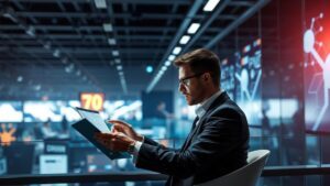 Advogado analisando dados estratégicos de marketing em ambiente moderno para Marketing Jurídico: Estratégias para Transformar seu Escritório de Advocacia