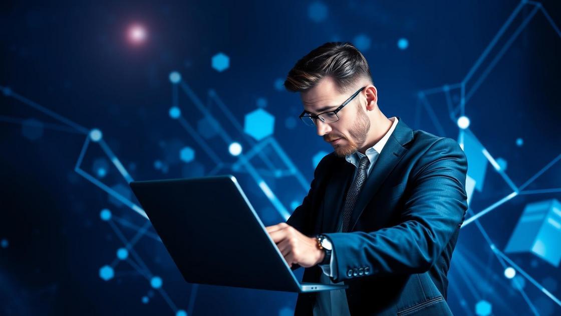 Advogado digital analisando dados em um ambiente moderno com elementos abstratos flutuantes em azul e prata.