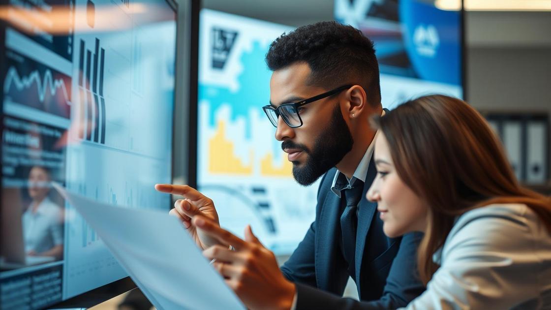 Advogado jovem analisando dados em uma tela flutuante, representando Marketing de Dados na Advocacia Tomando Decisões com Números.
