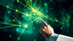Executivo de marketing jurídico utilizando ferramentas digitais em ambiente moderno, com elementos tecnológicos flutuantes.