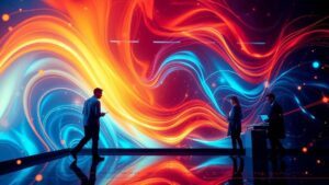 Equipe de marketing digital colaborando em ambientes virtuais com elementos tecnológicos flutuantes, abordando estratégias de sucesso.
