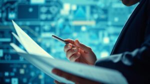 Advogado revisando relatórios de marketing digital em um ambiente moderno e tecnológico, refletindo as Estratégias Essenciais de Marketing Digital para Escritórios de Advocacia em 2025.