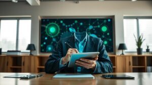 Advogado em escritório moderno utilizando tecnologia digital em estratégia de marketing jurídico, representando "Como Atrair Clientes Jurídicos com Marketing Digital Eficaz".