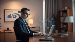 Imagem de advogado experiente em home office moderno com elementos tecnológicos envolvendo gráficos flutuantes para presença digital consistente.