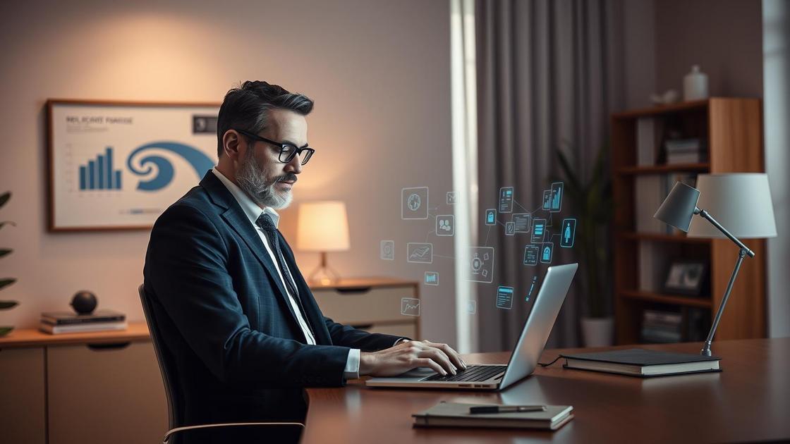 Imagem de advogado experiente em home office moderno com elementos tecnológicos envolvendo gráficos flutuantes para presença digital consistente.