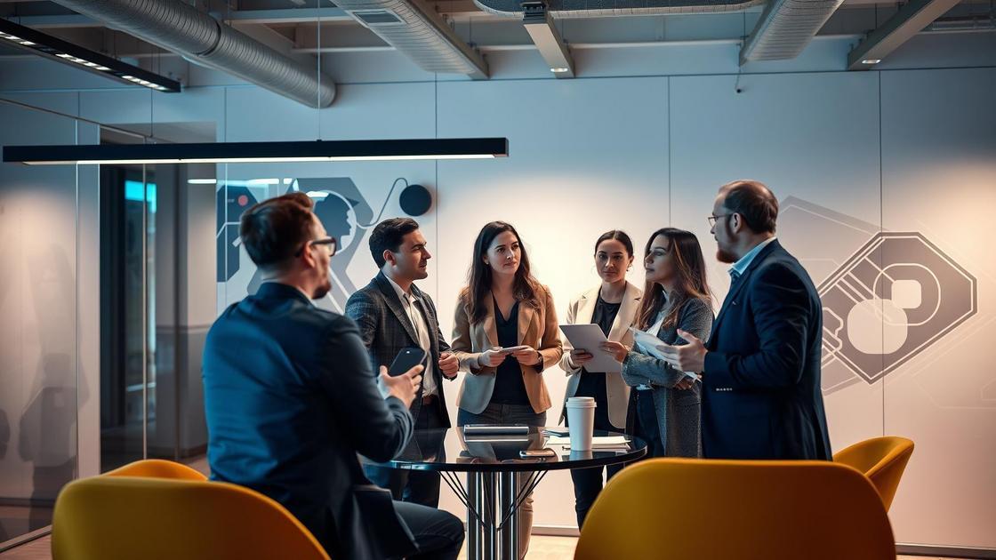 Diversos profissionais de marketing discutindo estratégias de metas em ambiente moderno, relacionado ao artigo sobre marketing jurídico.