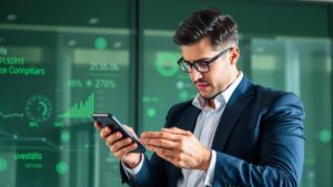 Profissional de marketing jurídico analisando gráficos, simbolizando inovação no marketing jurídico em 2024