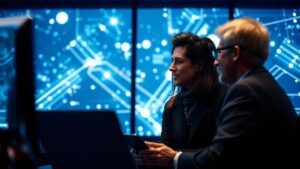 Advogado em ambiente digital interagindo com cliente sobre funil de vendas jurídico, refletindo modernidade e tecnologia.