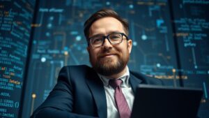 Advogado em reunião virtual com cliente, com fundo tecnológico, representando E-mail Marketing para Advogados Dicas Infalíveis