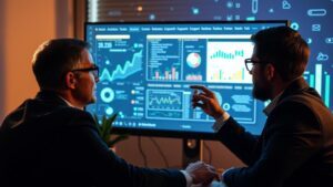 Advogado analisando dados de engajamento com cliente em tela de computador, estratégias de marketing no LinkedIn para advogados.