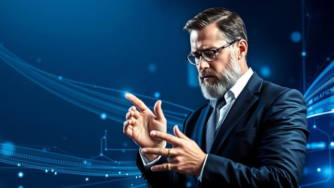 Advogado interagindo com gráficos digitais flutuantes, representando construção de autoridade digital no direito
