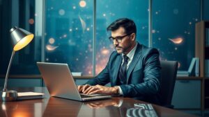 Advogado utilizando laptop em escritório moderno com elementos digitais flutuantes para Inbound Marketing Jurídico.