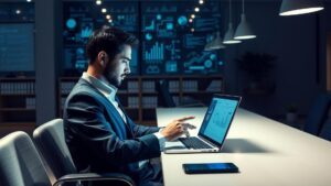 Advogado jovem analisando dados em tela no escritório moderno com gráficos digitais flutuantes sobre marketing digital; O que NÃO Fazer no Marketing Digital para Advogados: Evite Erros Cruciais