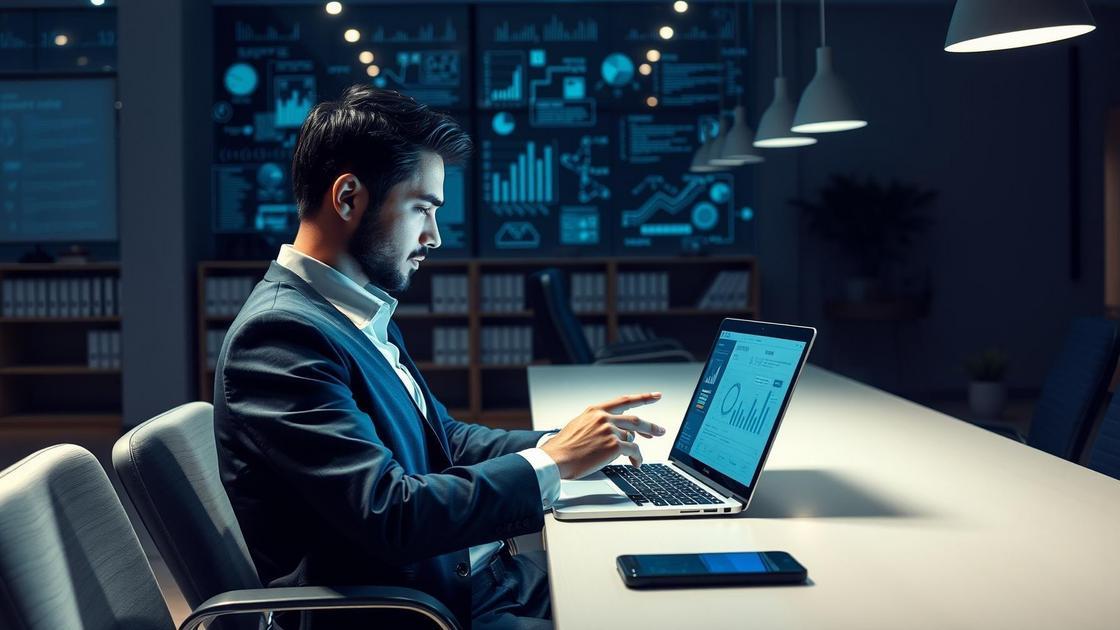 Advogado jovem analisando dados em tela no escritório moderno com gráficos digitais flutuantes sobre marketing digital; O que NÃO Fazer no Marketing Digital para Advogados: Evite Erros Cruciais