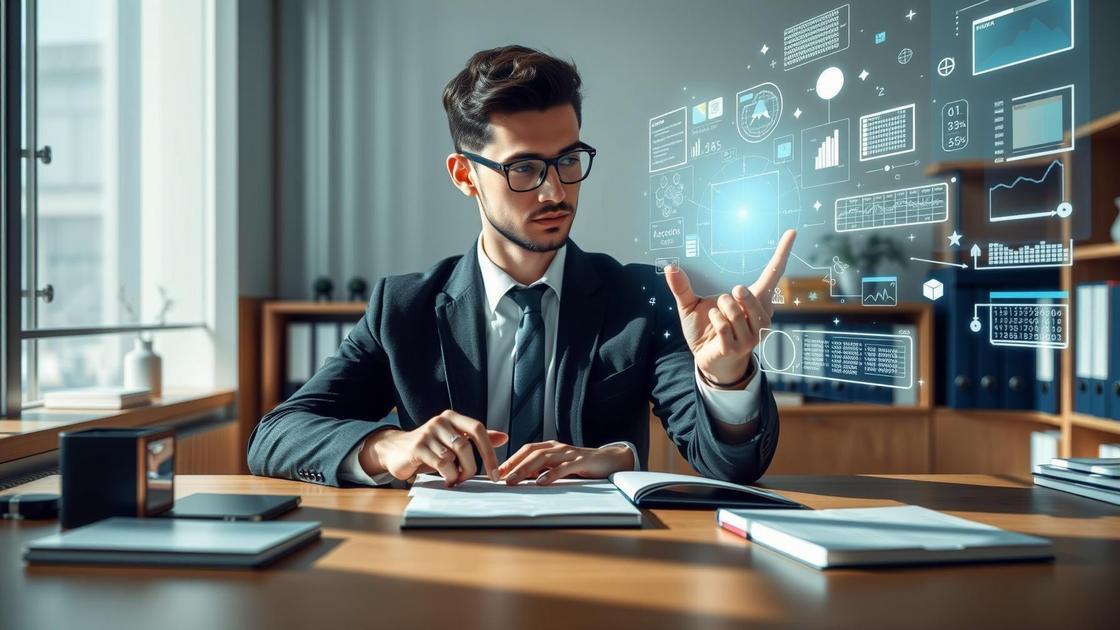 Gerenciar Reputação Online de Escritórios Jurídicos com advogado em ambiente moderno interagindo com hologramas de dados.