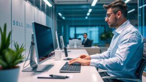 Anúncios Online para Advogados Como Criar Campanhas Rentáveis: advogado utilizando computador em escritório moderno com elementos tecnológicos.