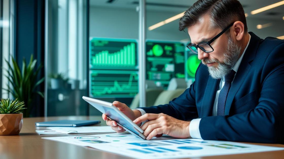Advogado consultando gráficos em tablet em escritório moderno com elementos tecnológicos flutuantes, ética no marketing digital jurídico.