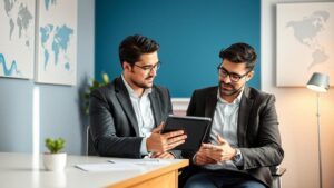 Advogado consultando cliente jovem em escritório moderno, retratando o poder do Google Ads para advogados atraírem mais clientes.