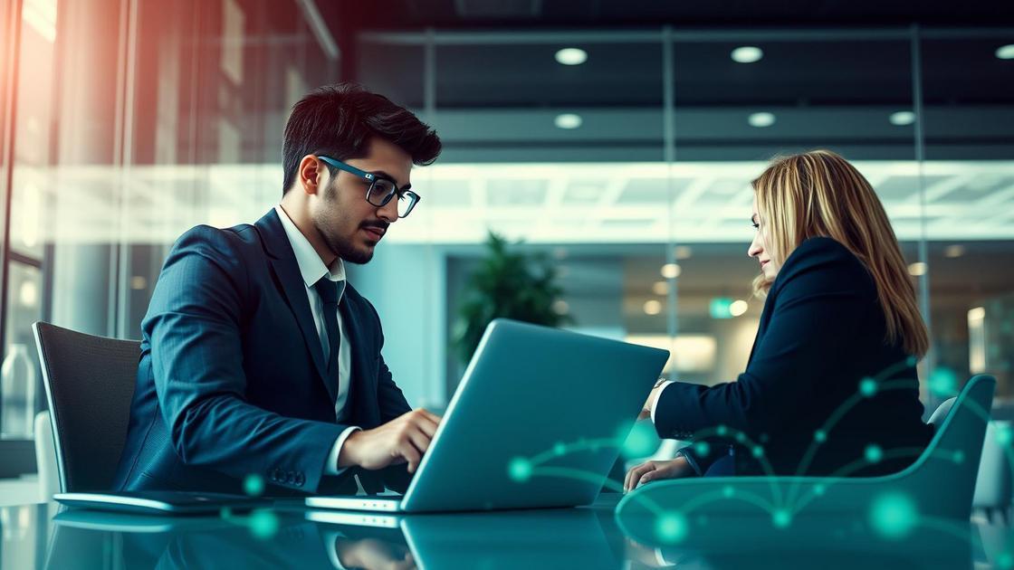 Advogado jovem se reunindo com cliente em um ambiente digital moderno, refletindo Marketing de Conteúdo para Escritórios de Advocacia.
