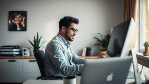 Advogado diversificado utilizando computador em home office moderno com elementos tecnológicos flutuantes, representando a prospecção ativa online.