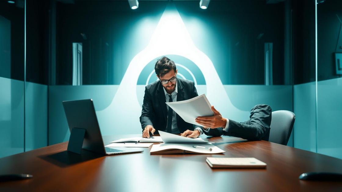 Advogado colaborativo analisando documentos em um escritório moderno com ferramentas digitais essenciais para a advocacia.