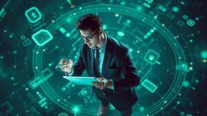 Advogado analisando estratégias de marketing digital no contexto jurídico com gráficos e hologramas flutuantes.