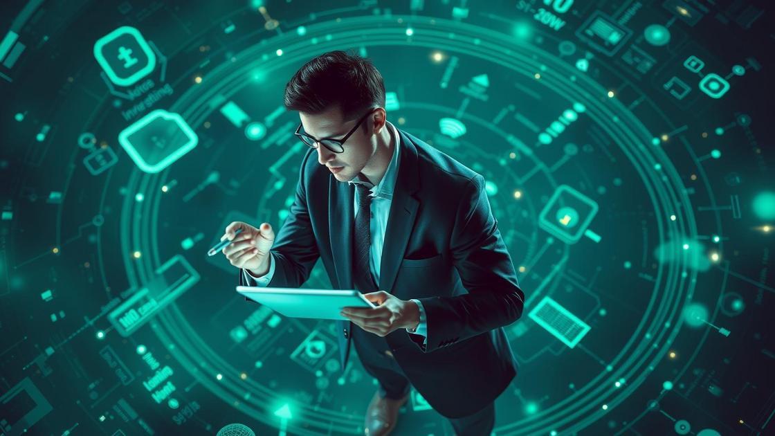 Advogado analisando estratégias de marketing digital no contexto jurídico com gráficos e hologramas flutuantes.