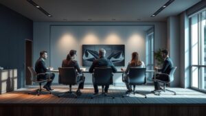 Grupo de advogados discutindo como montar uma agenda de conteúdo eficaz para escritório de advocacia em ambiente moderno.