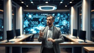 Webinars para Advogados Como Atrair Clientes com Estratégia - advogado apresentando um webinar interativo em escritório moderno.