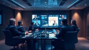 Reunião virtual de advogados com gráficos flutuantes em ambiente moderno, Dicas de Design para Sites de Advocacia que Atraem Clientes