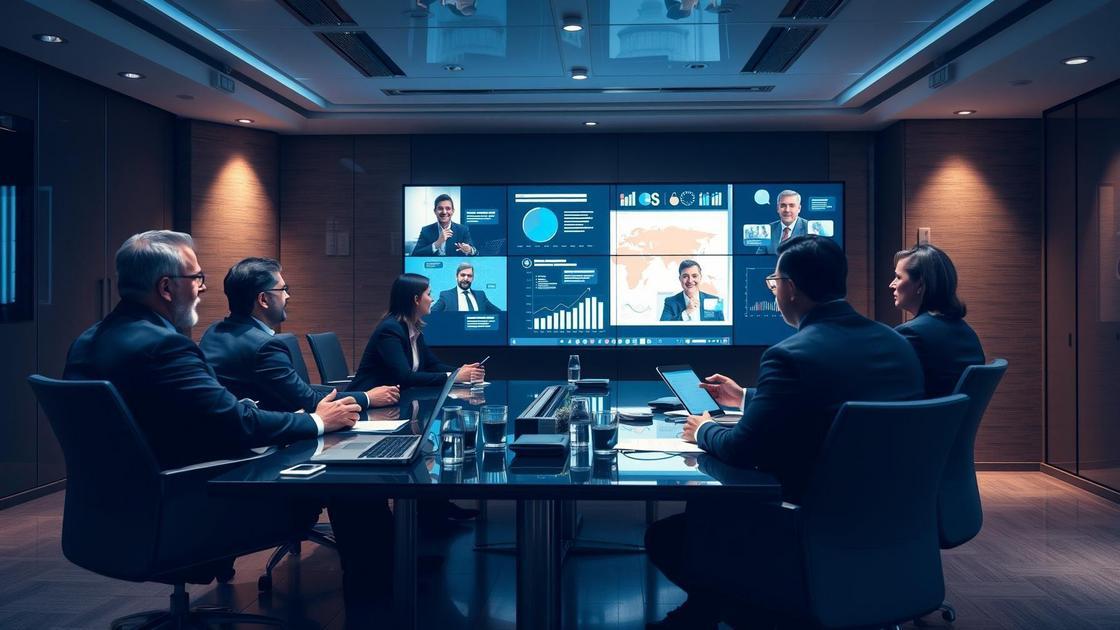 Reunião virtual de advogados com gráficos flutuantes em ambiente moderno, Dicas de Design para Sites de Advocacia que Atraem Clientes
