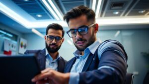 Advogados analisando leads qualificados em escritório moderno com elementos tecnológicos flutuantes.