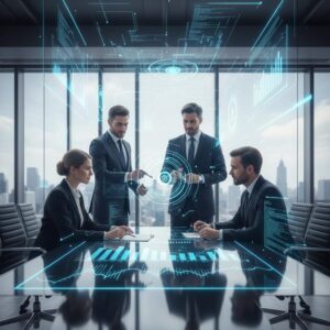 Advogados discutindo estratégias de marketing digital no escritório moderno, refletindo cases de sucesso em marketing digital jurídico.