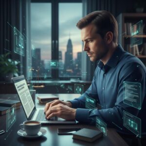 Advogado escrevendo artigo sobre conteúdo jurídico responsivo em home office moderno com tecnologia flutuante.