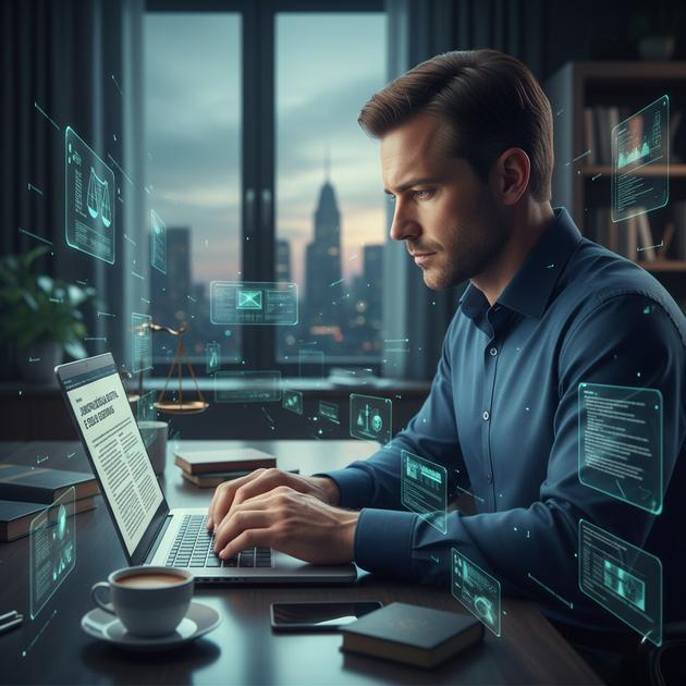 Advogado escrevendo artigo sobre conteúdo jurídico responsivo em home office moderno com tecnologia flutuante.