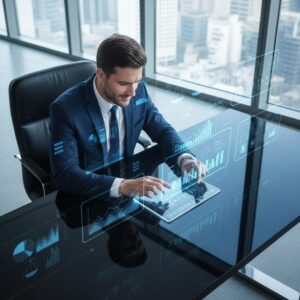 Advogado analisando dados de marketing digital em escritório moderno e tecnológico