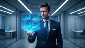 Advogado em escritório moderno, trabalhando com marketing digital, representando as novas estratégias do setor.