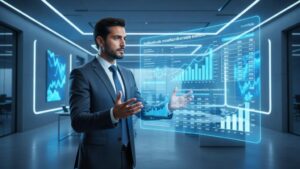 Advogado tributarista analisando dados em um escritório moderno com elementos tecnológicos sobre Marketing Digital na Advocacia Tributária.