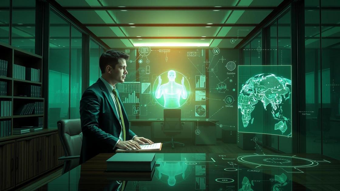 Advogado interagindo com hologramas em ambiente moderno, ilustrando Marketing Jurídico Eficaz Em Tempos De Crise Para Agentes.