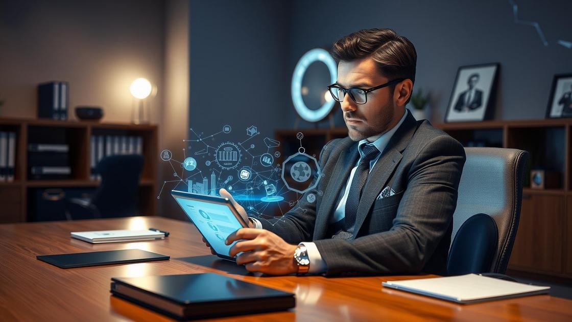 Como Garantir a Privacidade nas Campanhas Jurídicas Um Guia Essencial - advogado mostrando dados com tecnologia moderna em escritório contemporâneo