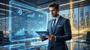 Advogado empresarial utilizando tecnologia avançada em escritório moderno, simbolizando Marketing Jurídico para Direito Empresarial.