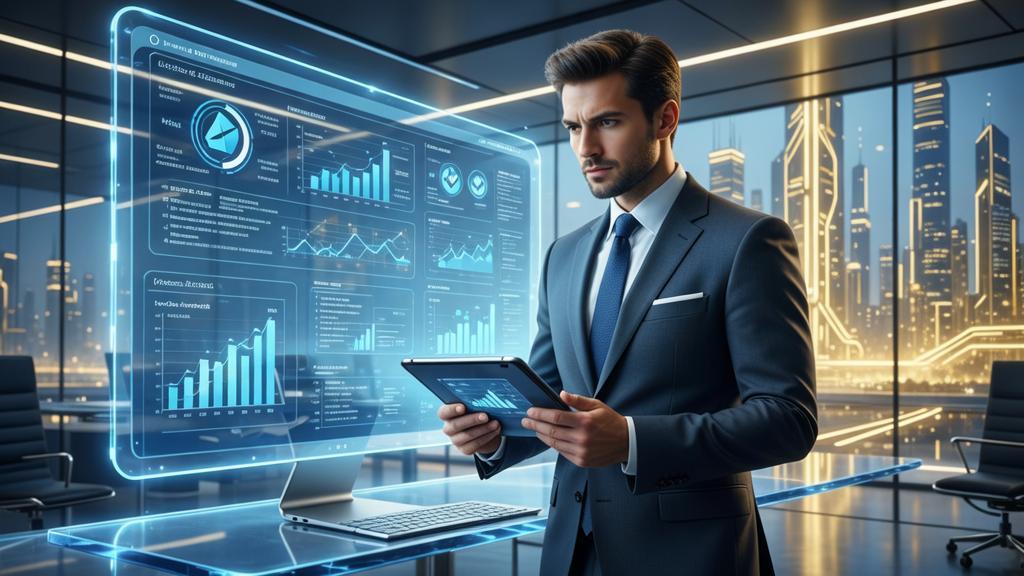 Advogado empresarial utilizando tecnologia avançada em escritório moderno, simbolizando Marketing Jurídico para Direito Empresarial.