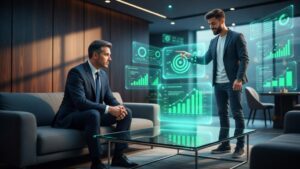 Advogado discutindo estratégias de marketing digital com influenciador em um ambiente moderno, representando influenciadores digitais no mercado jurídico.