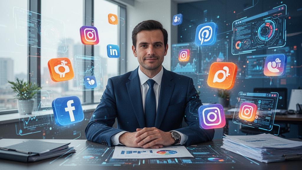 Advogado usando tecnologia para estratégias de marketing digital em ambiente moderno com elementos visuais flutuantes.